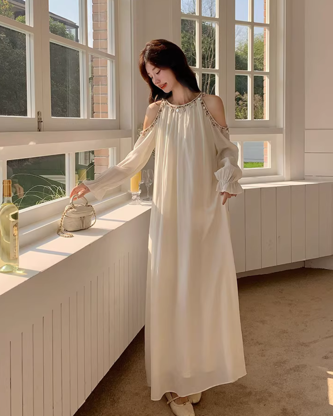 Shoulder Cut Chiffon Dress QAZ0059