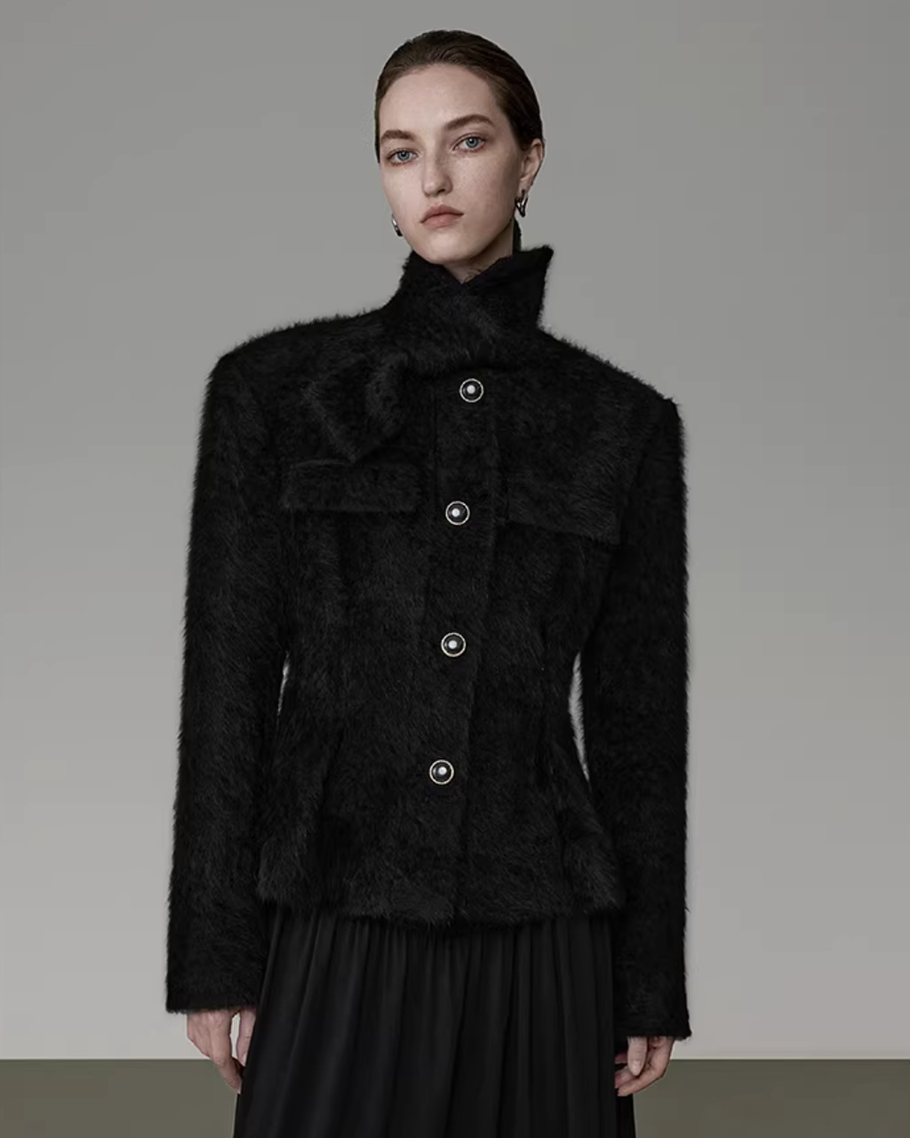 Stand Collar Black Coat UNS0024