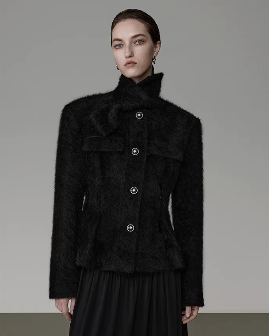 Stand Collar Black Coat UNS0024