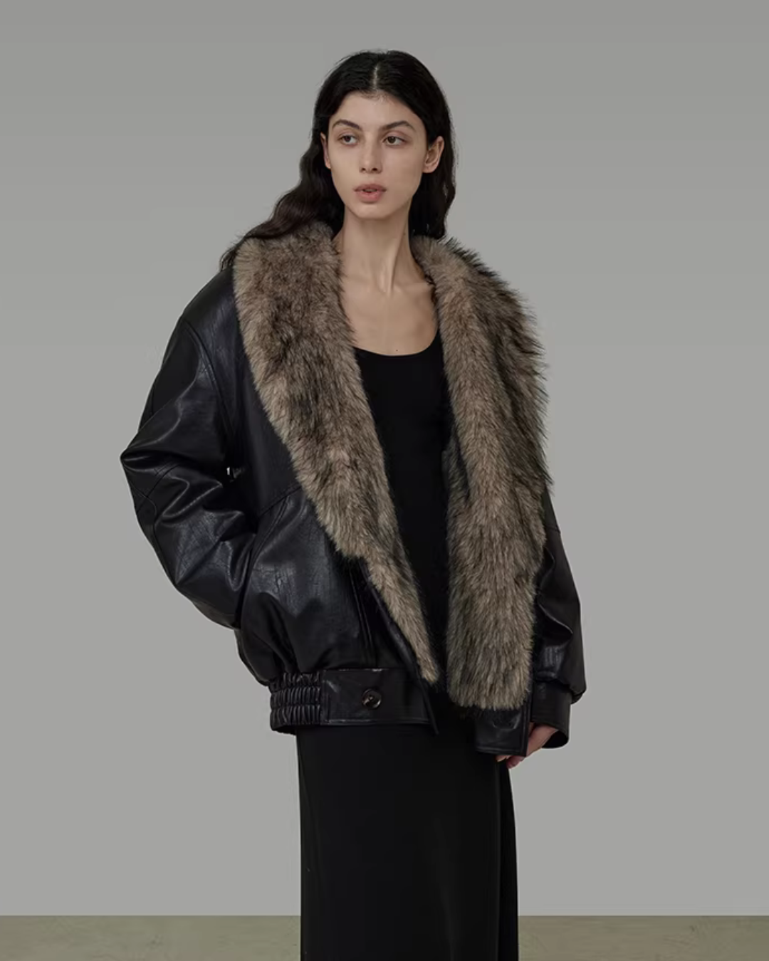 Fur Collar Leather Coat UNS0029