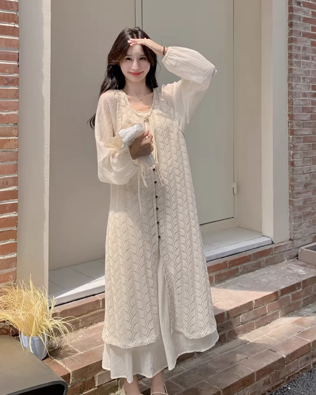 Crochet-style Long Dress / Puff Sleeve Long Dress QAZ0072
