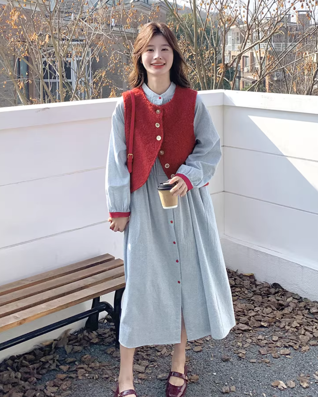 Red Vest / Layered Over Plaid Shirt Dress QAZ0005