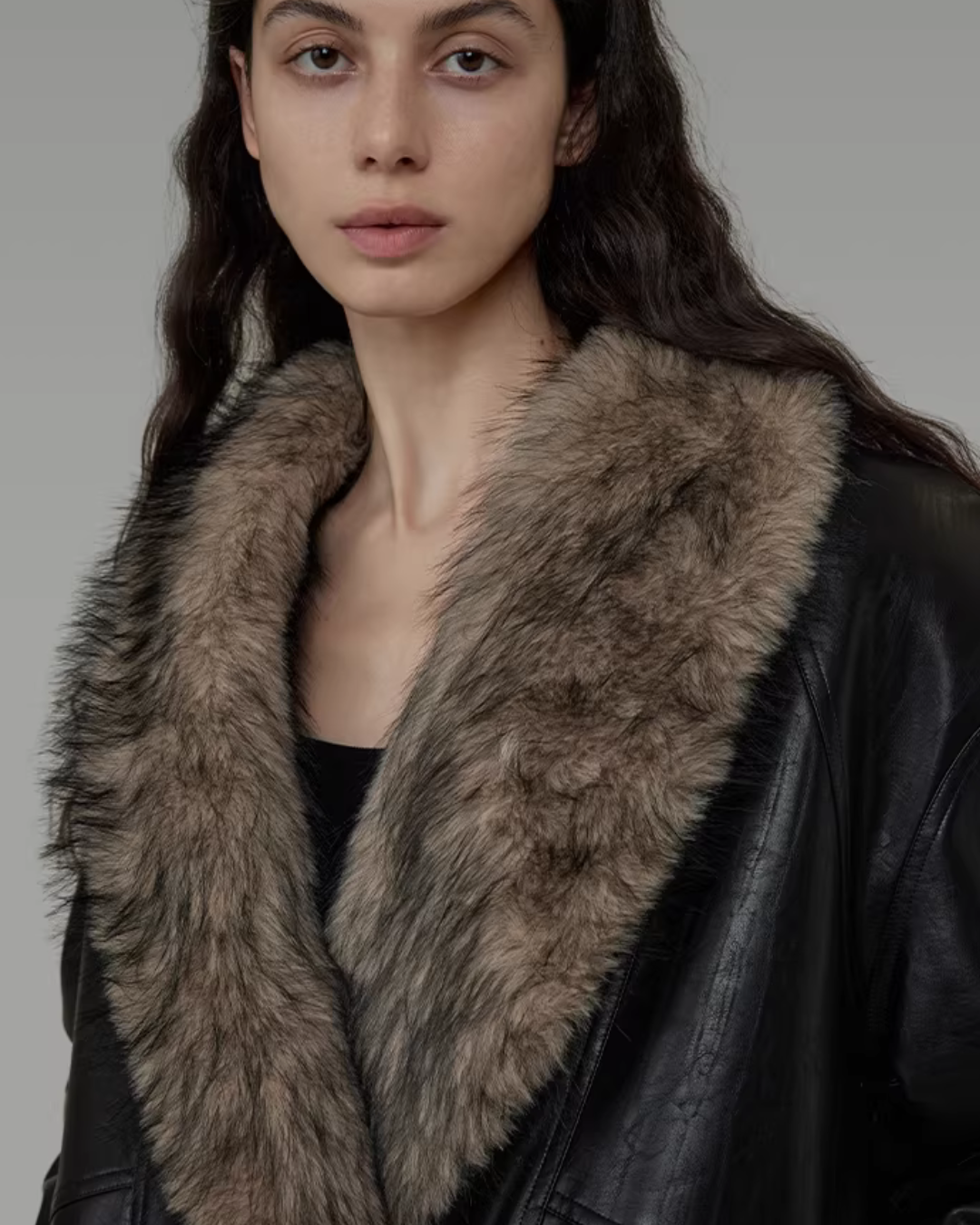 Fur Collar Leather Coat UNS0029