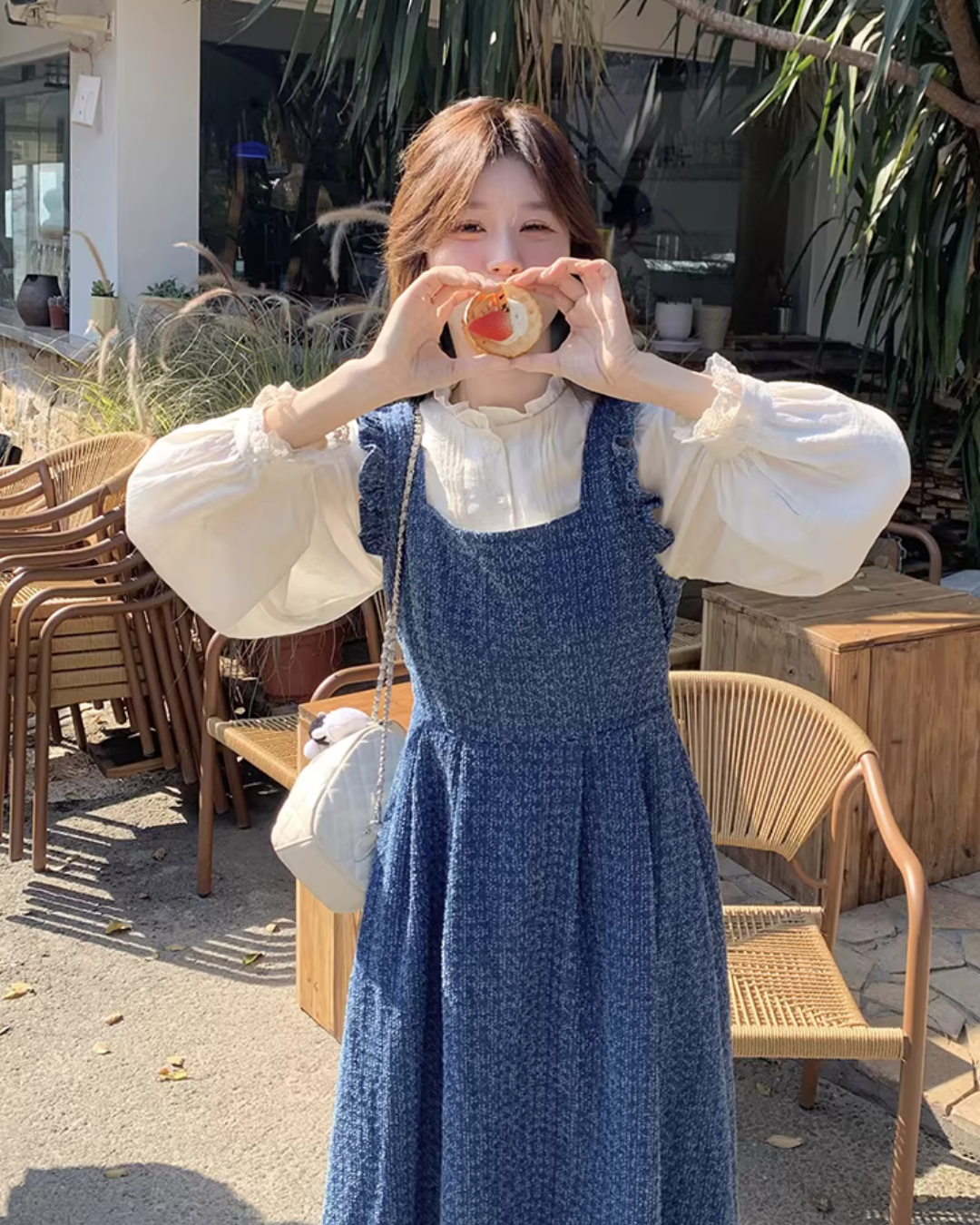 Vintage Denim Suspender Dress / Frilled Blouse QAZ0041