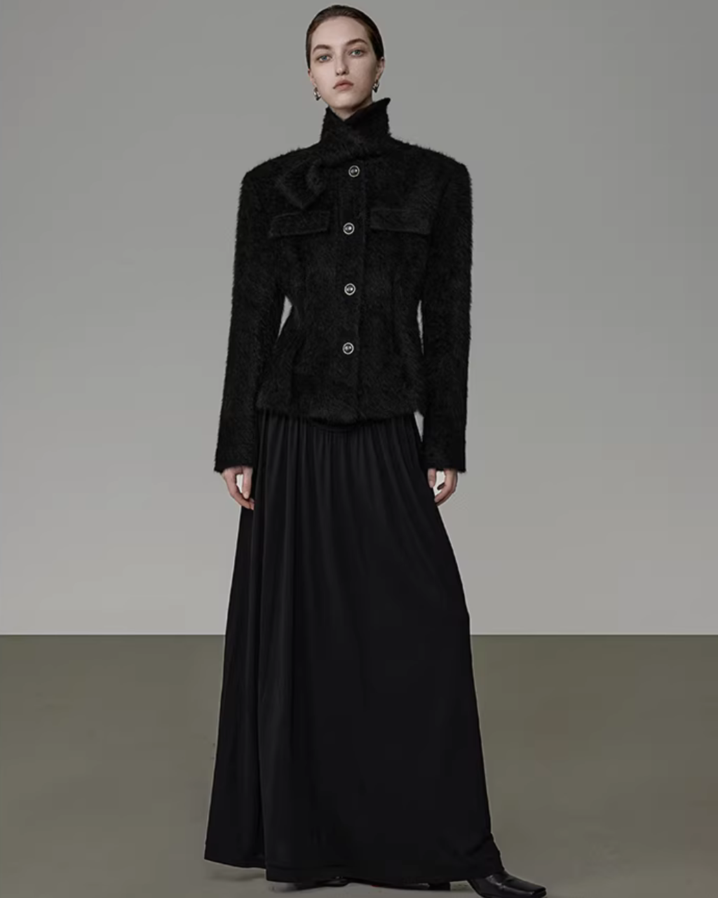 Stand Collar Black Coat UNS0024