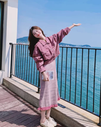 Short-Length Denim Jacket / Striped Camisole Dress QAZ0069
