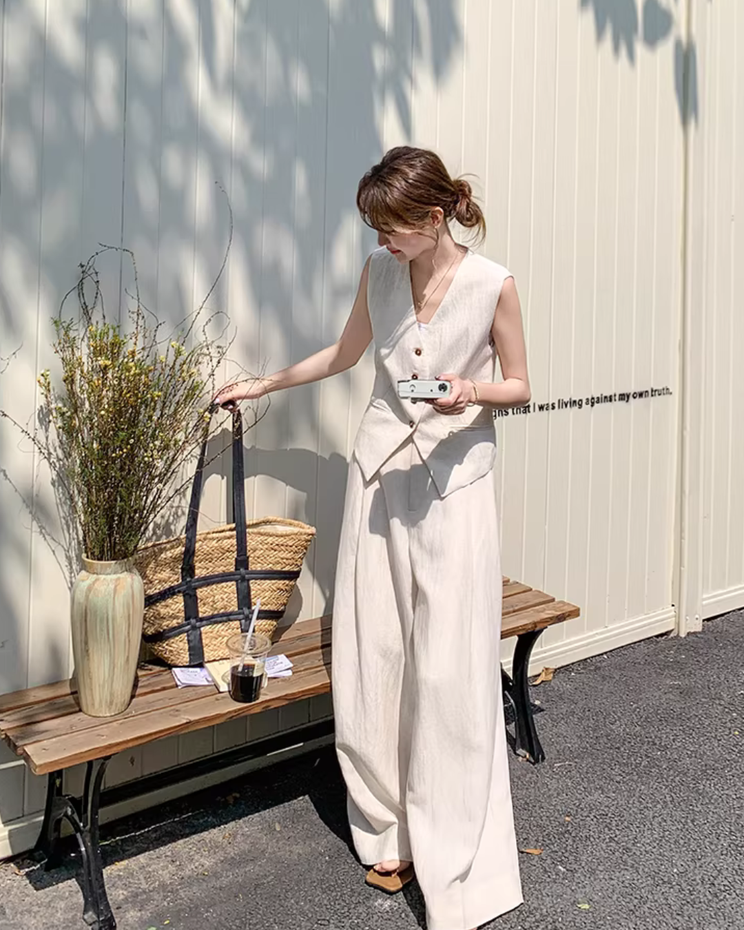 Linen V-neck Vest / Wide Pants QAZ0089