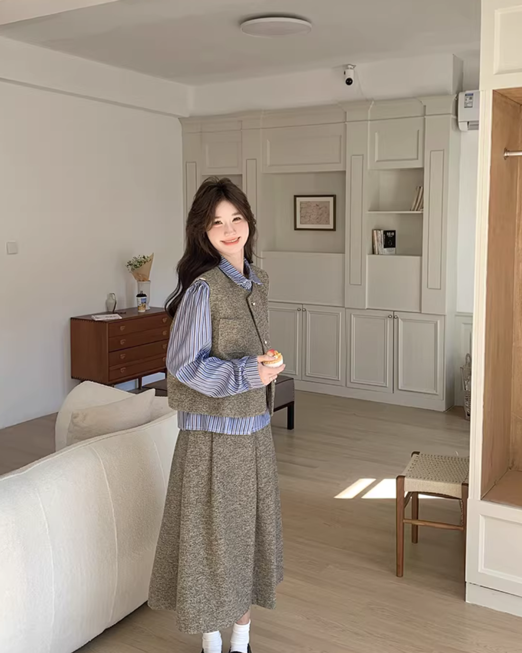 Tweed Vest / Tweed Long Skirt / Striped Shirt QAZ0080