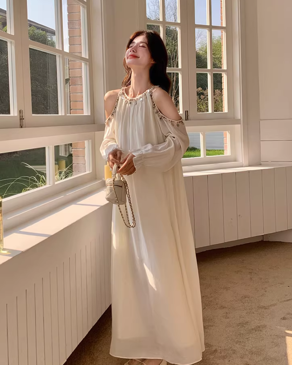 Shoulder Cut Chiffon Dress QAZ0059