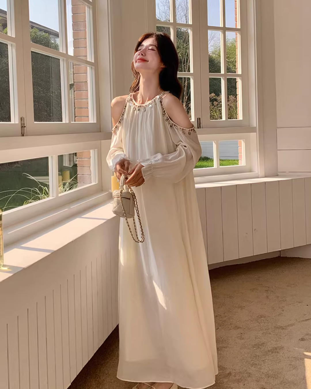 Shoulder Cut Chiffon Dress QAZ0059