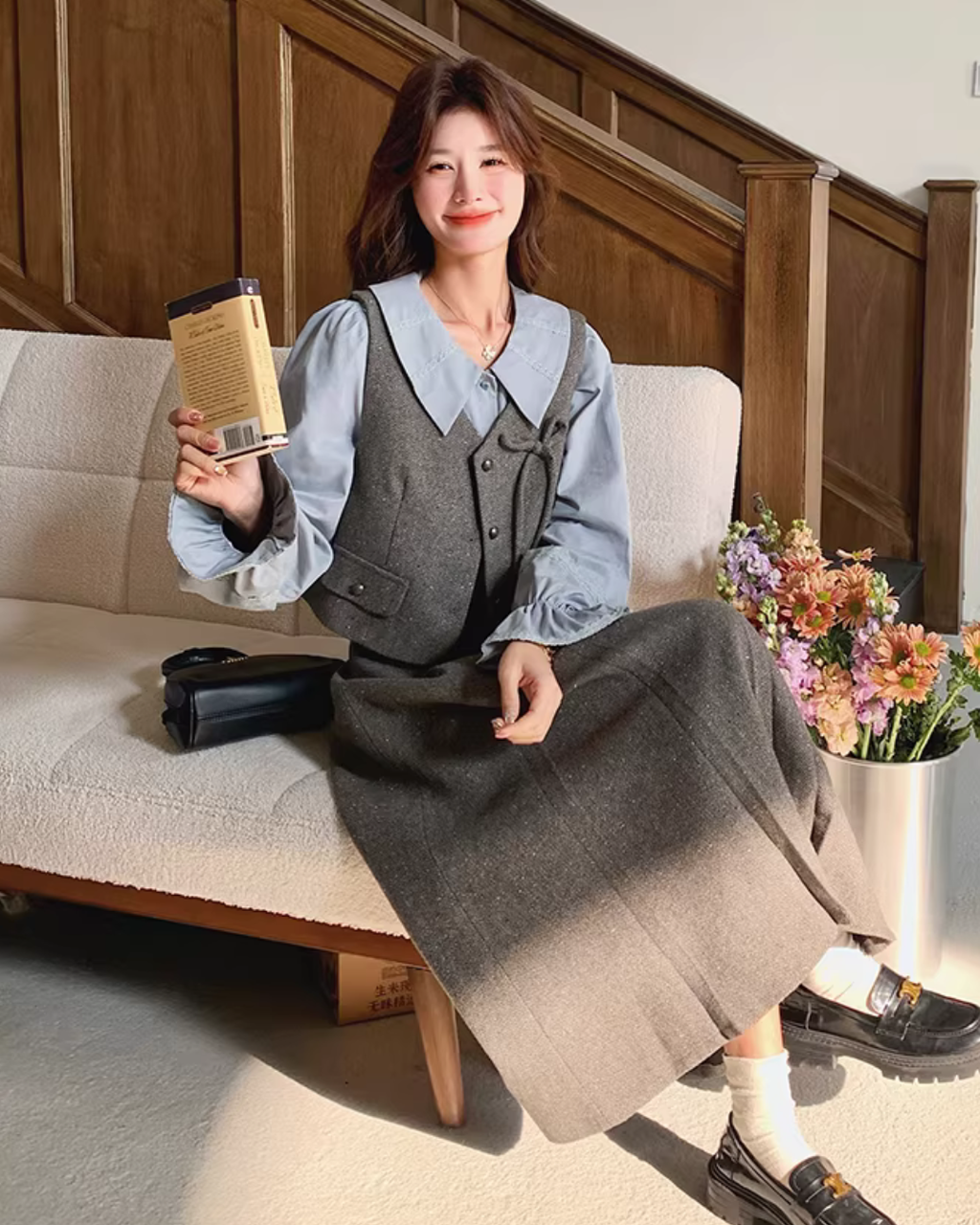 Classic Ribbon Vest / Pleated Skirt / Puff Sleeve Blouse QAZ0051