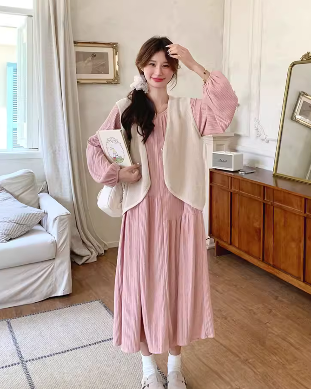 Puff Sleeve Long Dress / Beige Vest QAZ0025