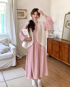 Puff Sleeve Long Dress / Beige Vest QAZ0025