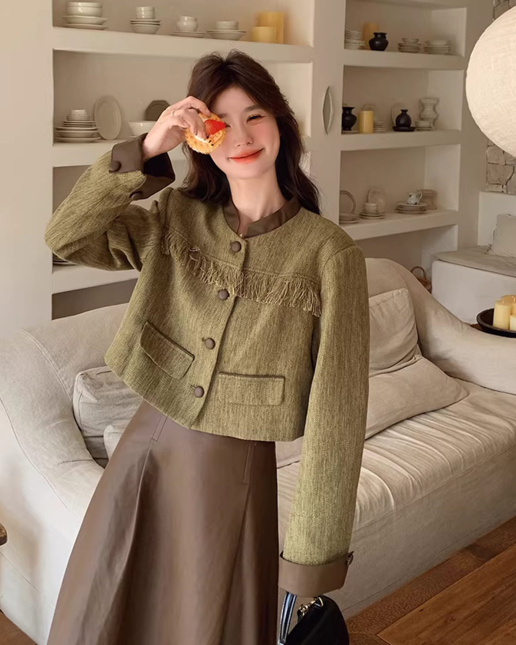 Chanel-Style Jacket / Brown Leather Skirt QAZ0015