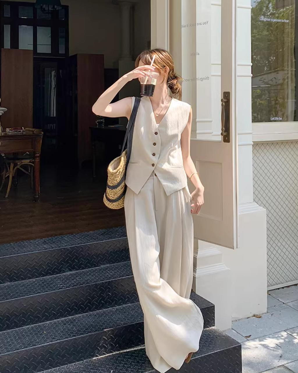 Linen V-neck Vest / Wide Pants QAZ0089