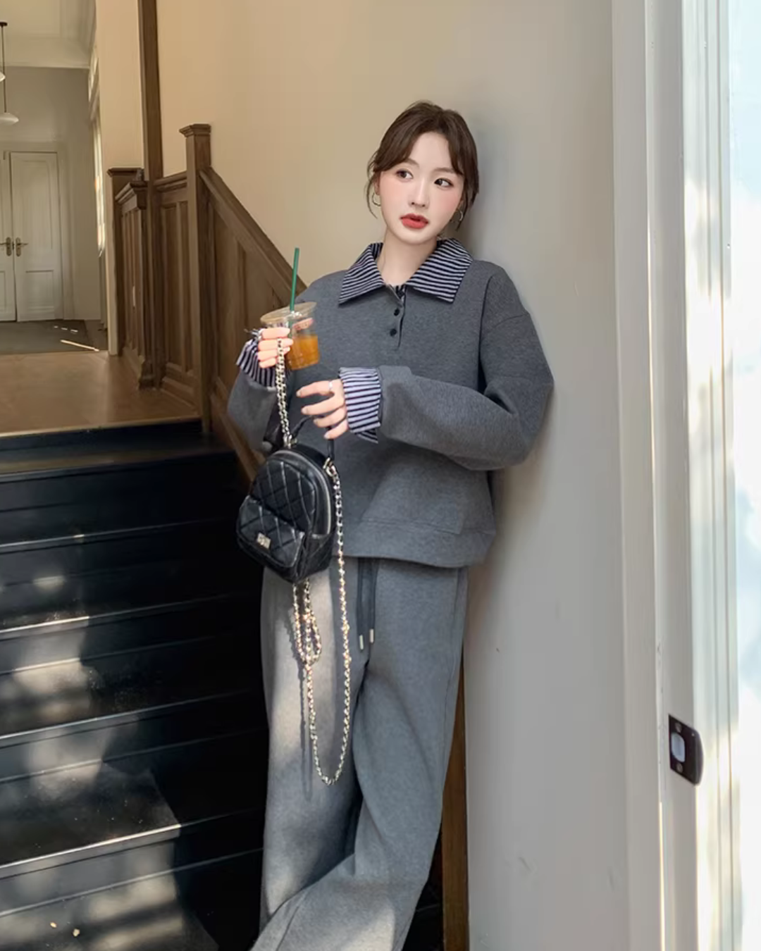 Stripe Switching Sweatshirt / Wide Pants QAZ0085