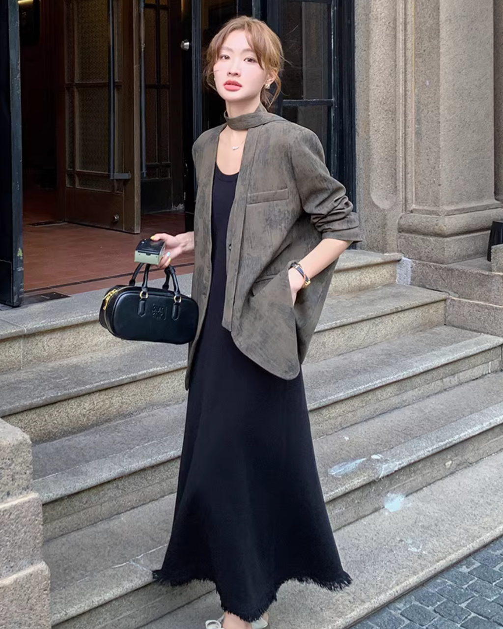 Bleached Effect Suit Jacket / Black Fringed Dress QAZ0004