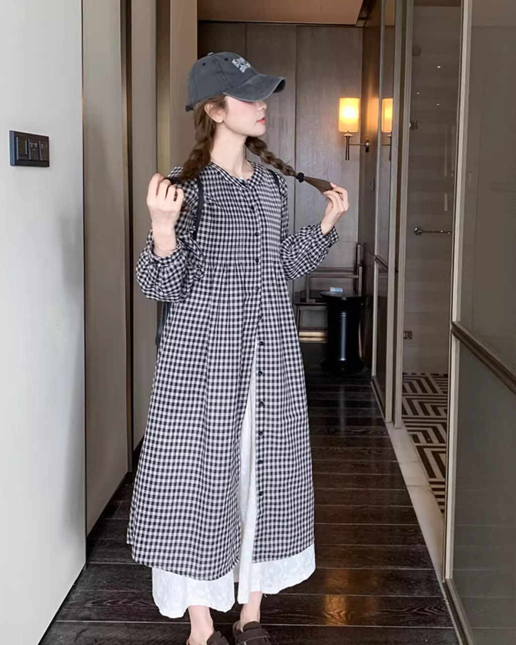 Gingham Check Shirt Dress / White Long Skirt QAZ0024