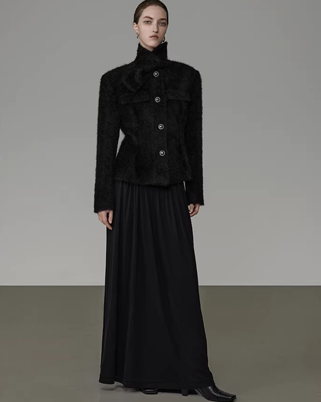 Stand Collar Black Coat UNS0024