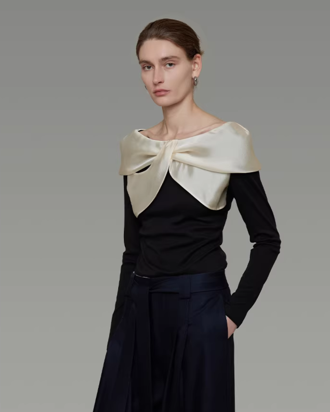 Satin Panel Off-Shoulder Knit UNS0037