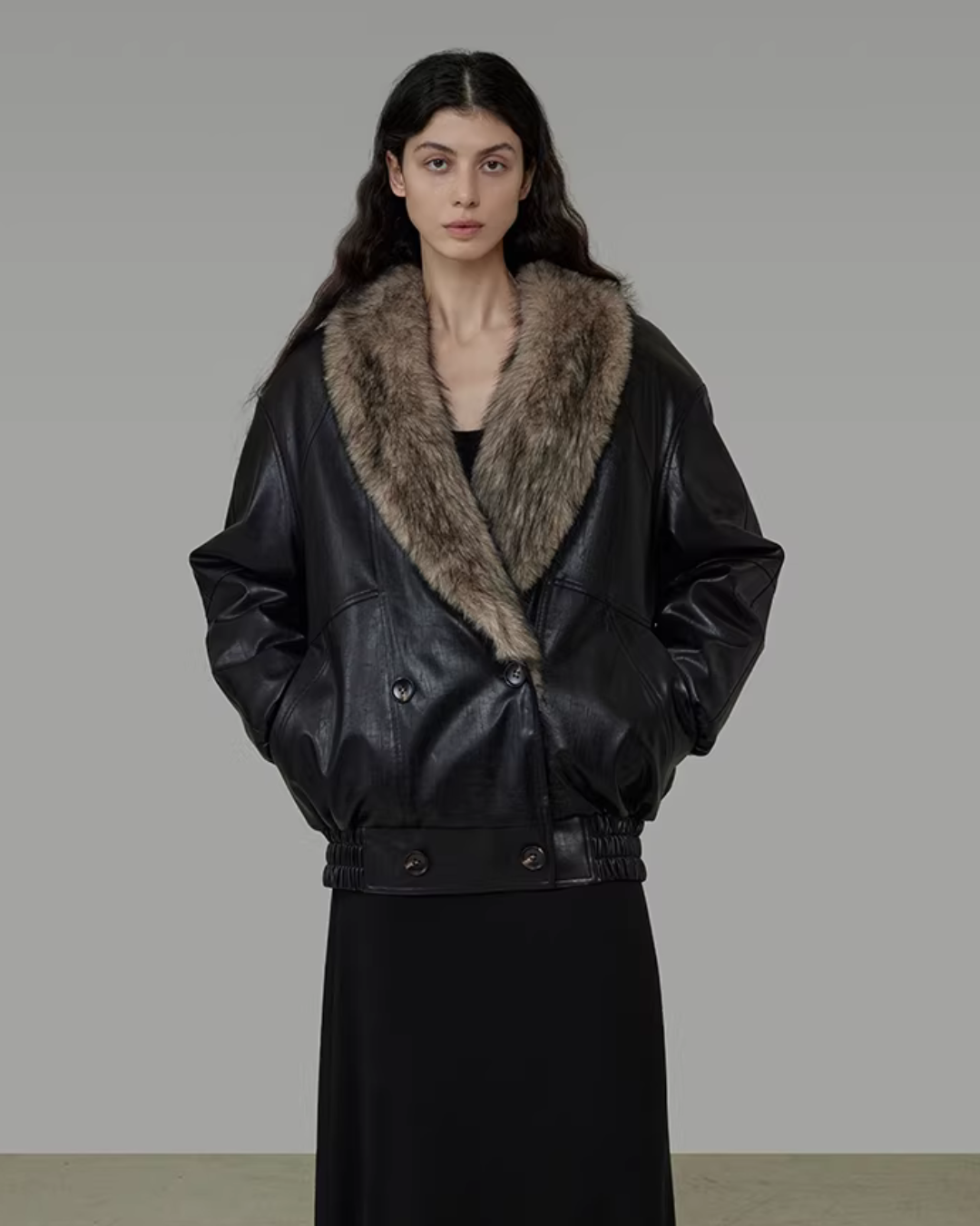 Fur Collar Leather Coat UNS0029
