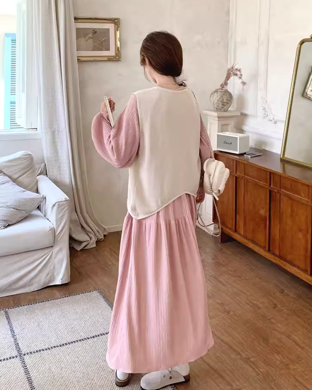 Puff Sleeve Long Dress / Beige Vest QAZ0025