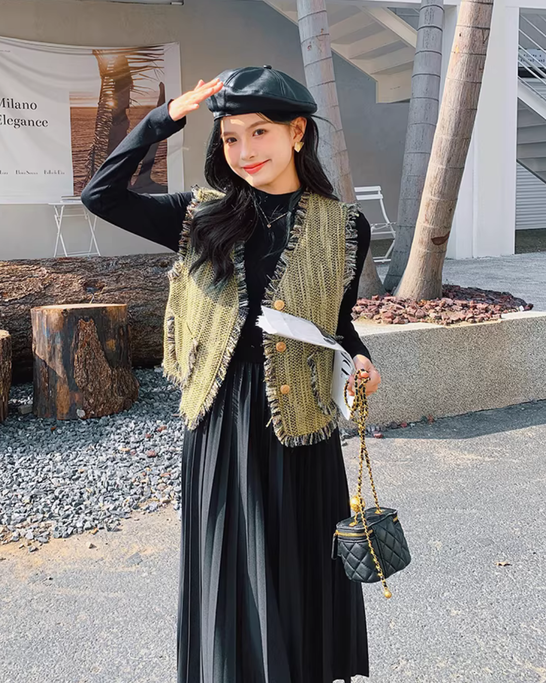 Mock Neck Dress / Tweed Gilet Tweed Vest QAZ0007