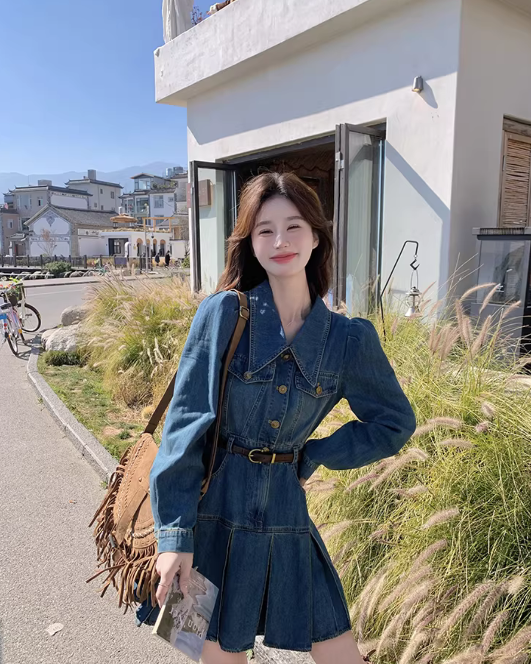 Big Collar Pleated Denim Dress QAZ0026