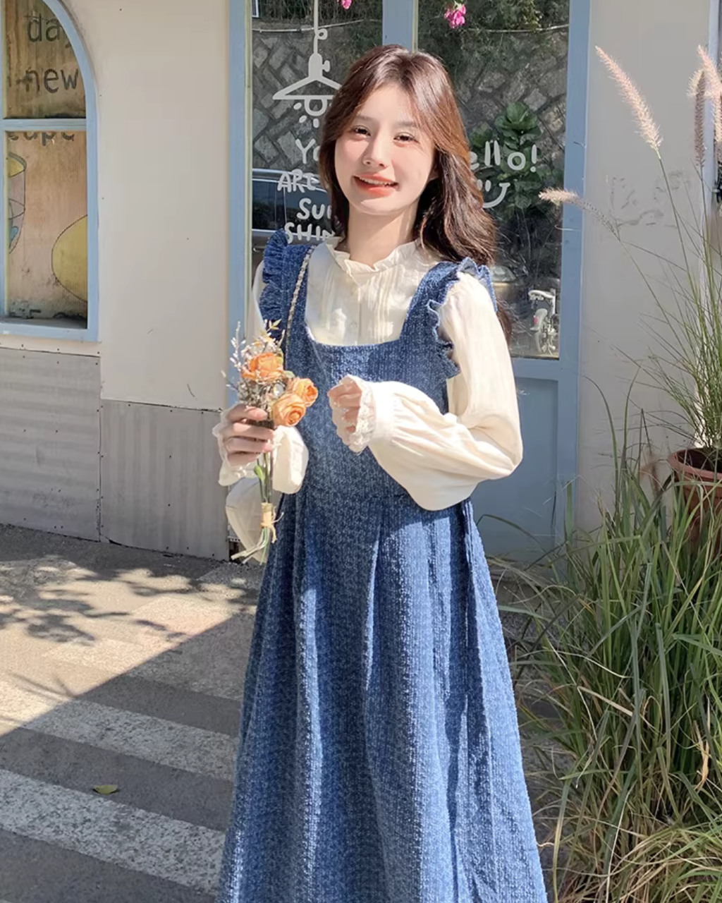 Vintage Denim Suspender Dress / Frilled Blouse QAZ0041