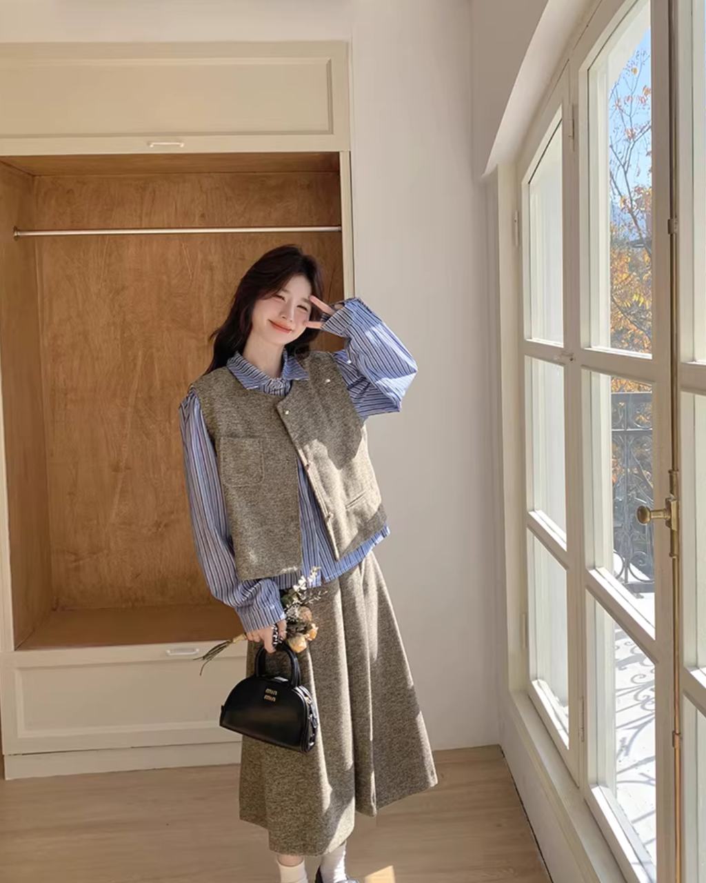 Tweed Vest / Tweed Long Skirt / Striped Shirt QAZ0080