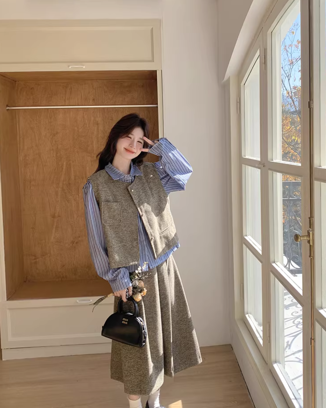 Tweed Vest / Tweed Long Skirt / Striped Shirt QAZ0080