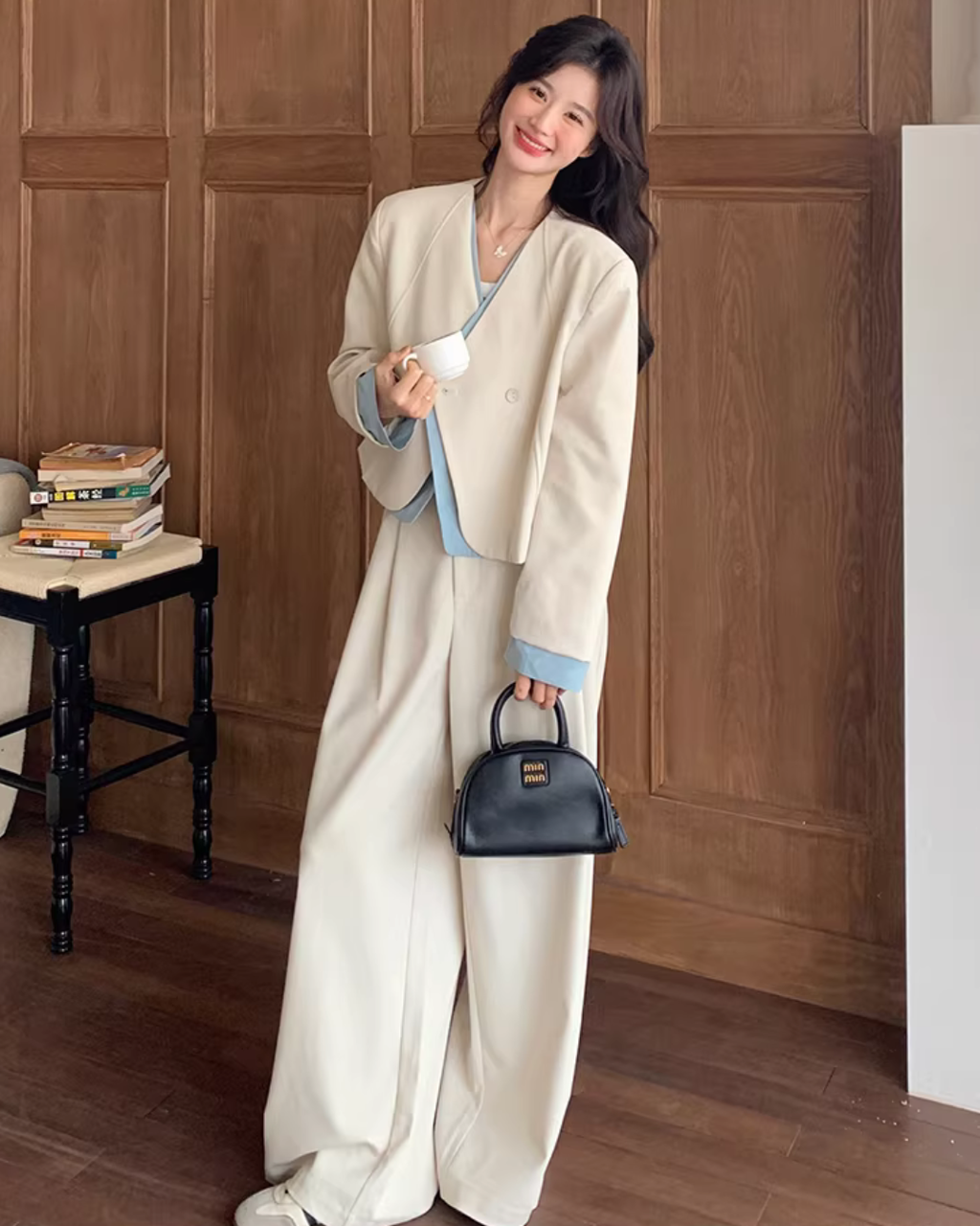 Beige Layered-Style Jacket / Wide-Leg Pants QAZ0010