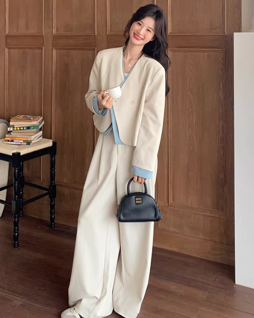 Beige Layered-Style Jacket / Wide-Leg Pants QAZ0010