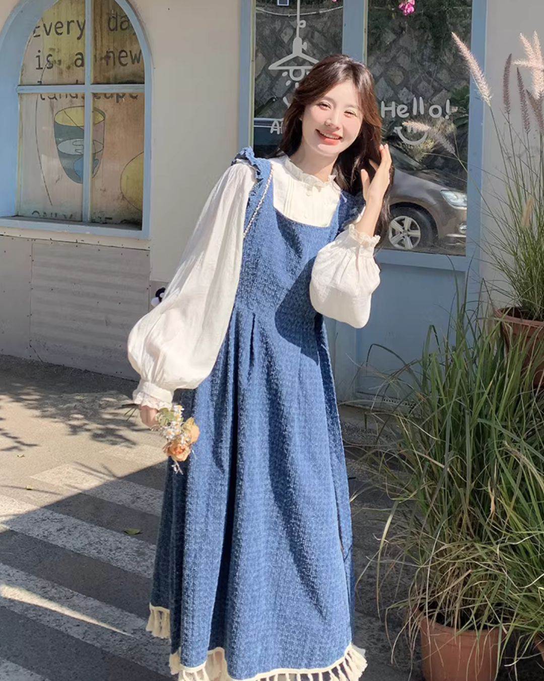Vintage Denim Suspender Dress / Frilled Blouse QAZ0041