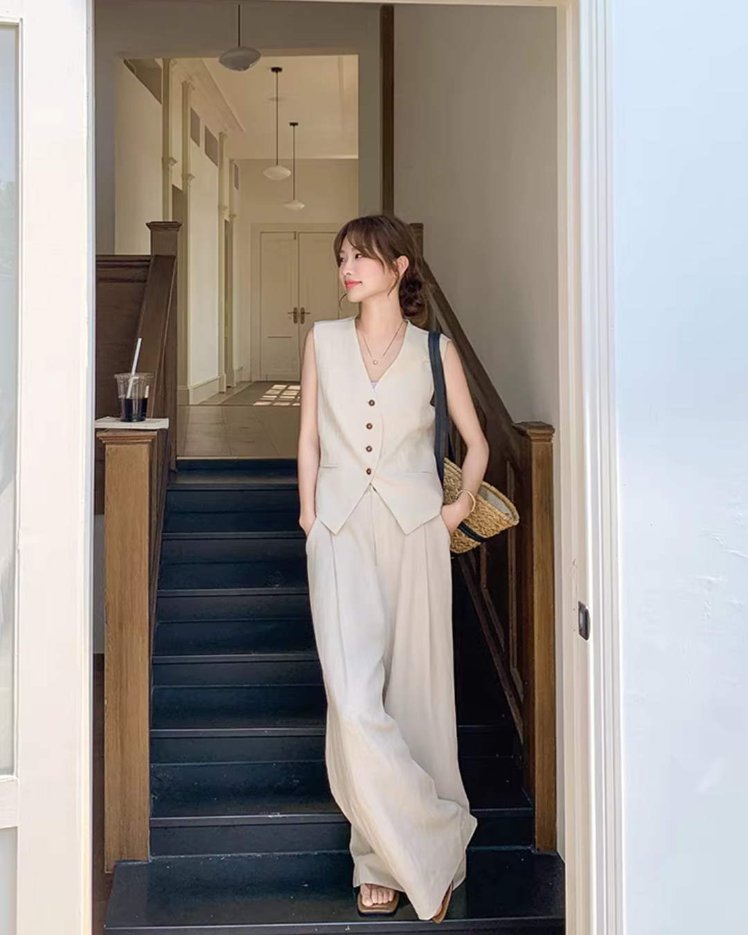 Linen V-neck Vest / Wide Pants QAZ0089