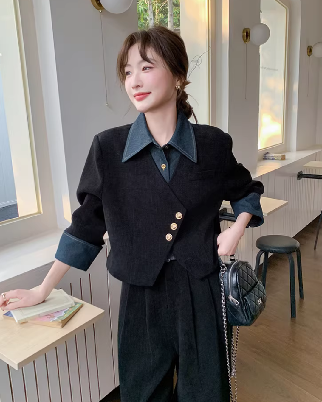 Denim Shirt Layered Style Jacket / Wide Pants QAZ0088