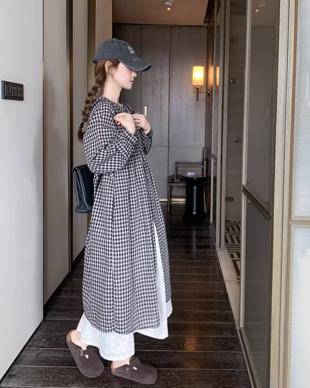 Gingham Check Shirt Dress / White Long Skirt QAZ0024