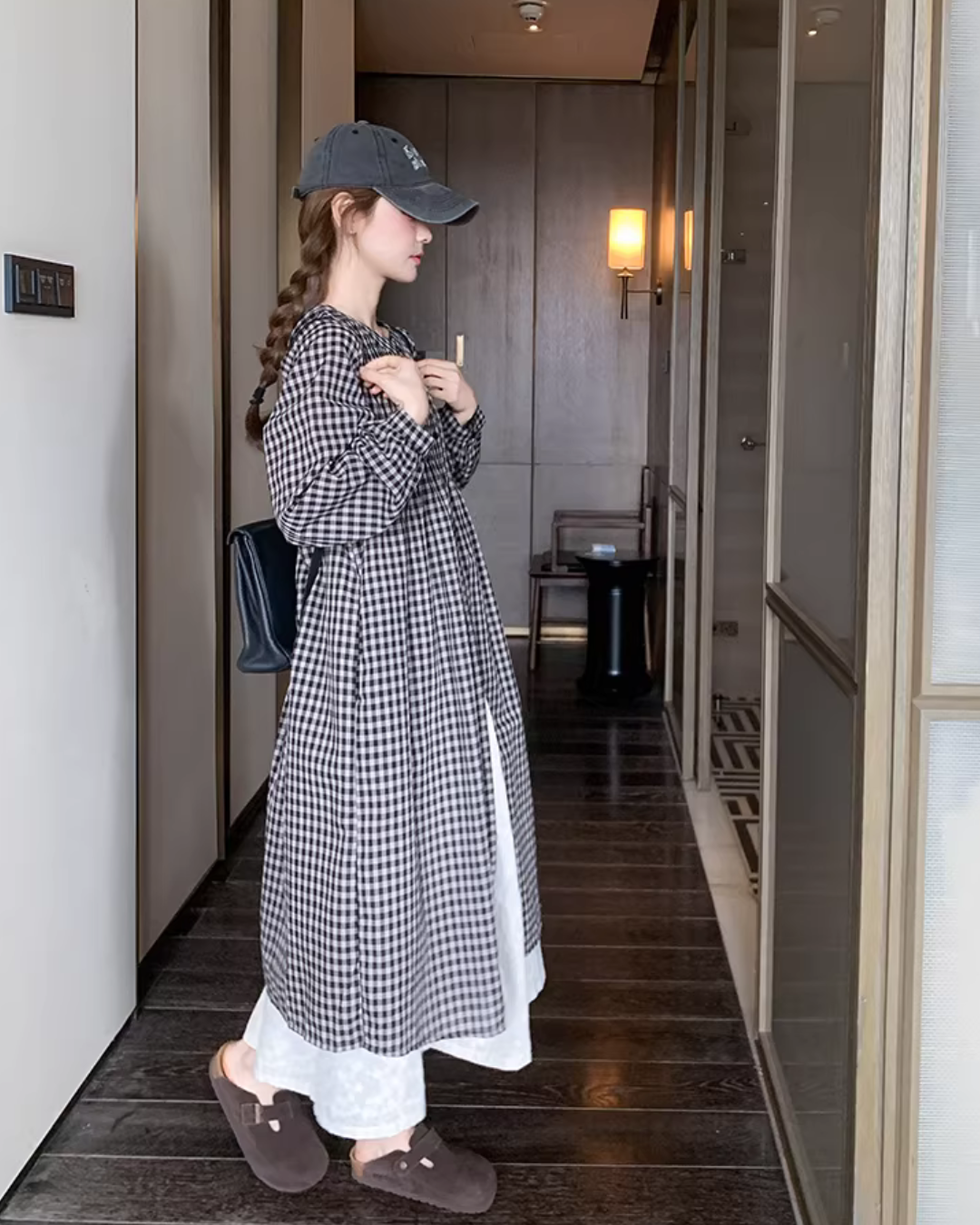Gingham Check Shirt Dress / White Long Skirt QAZ0024