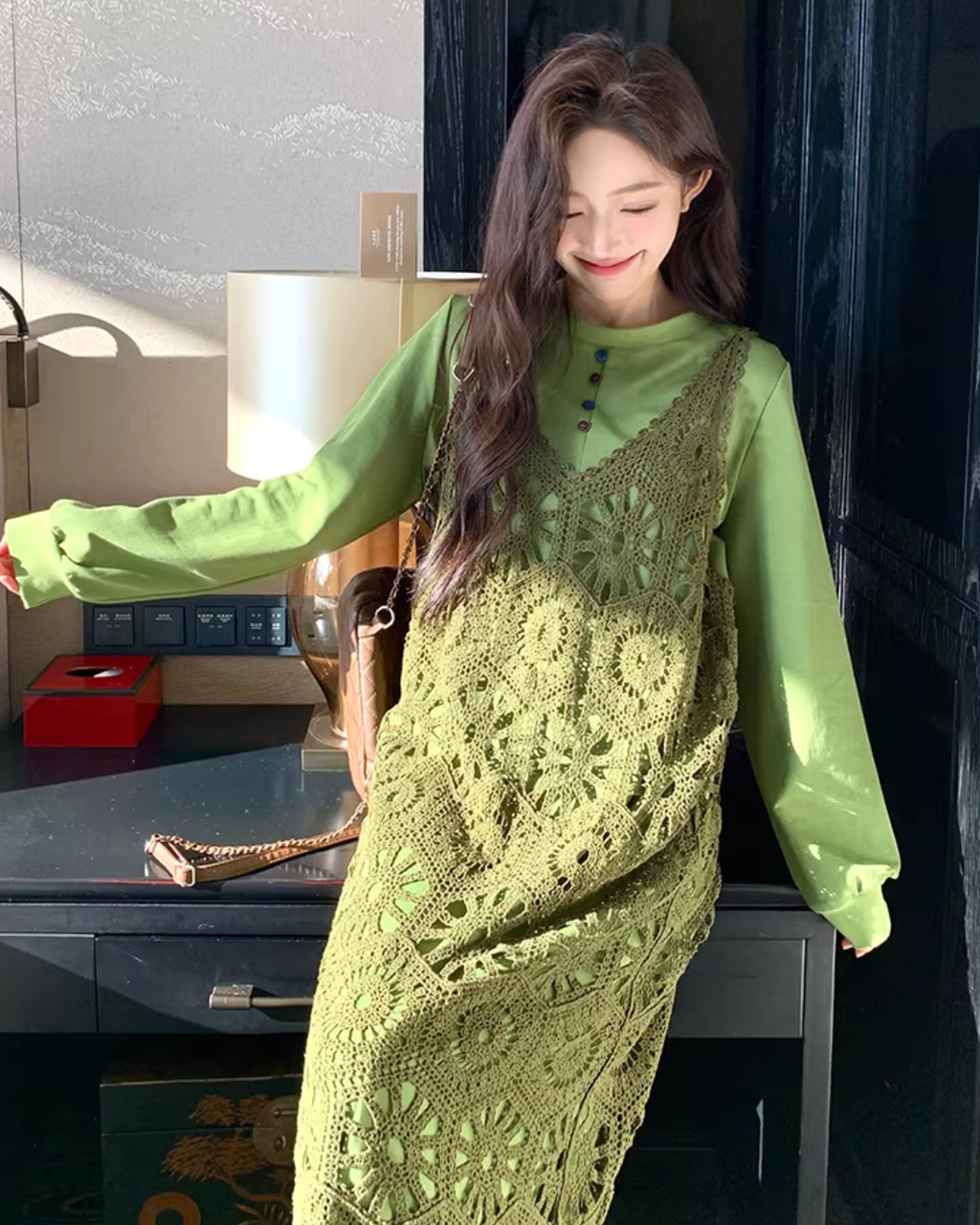 Hollow-Out Camisole Dress / Long Sleeve T-Shirt Dress QAZ0043