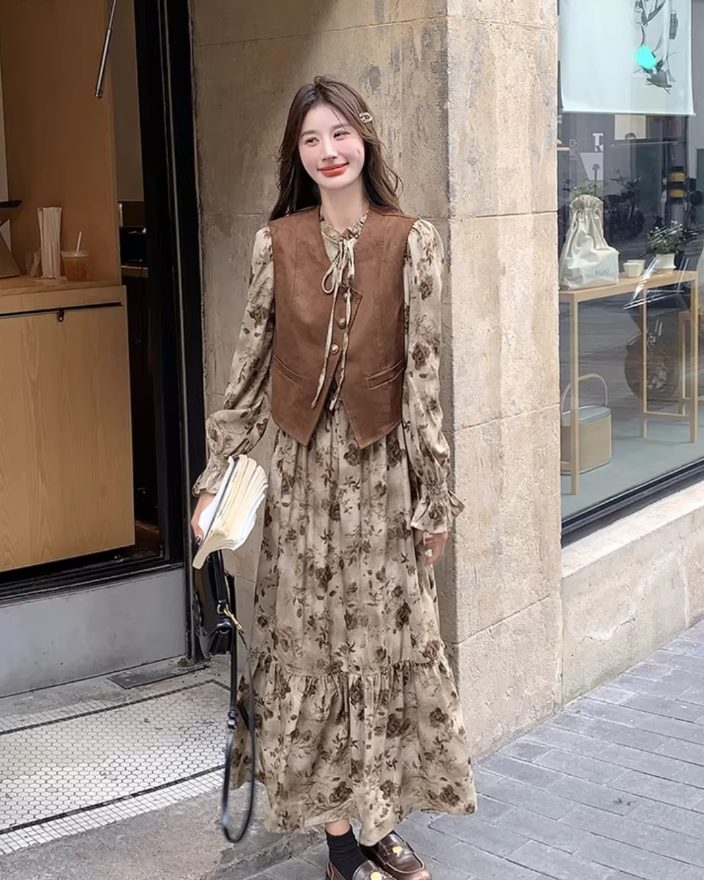 Retro Floral Long Dress / Suede Style Vest QAZ0053