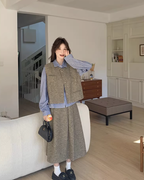 Tweed Vest / Tweed Long Skirt / Striped Shirt QAZ0080