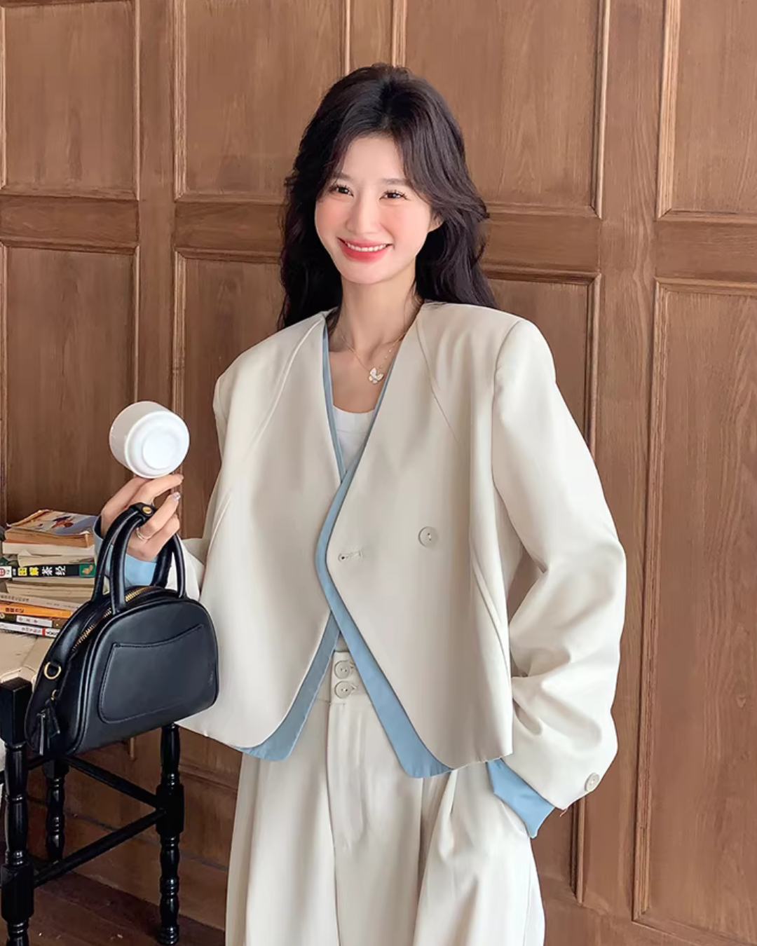 Beige Layered-Style Jacket / Wide-Leg Pants QAZ0010