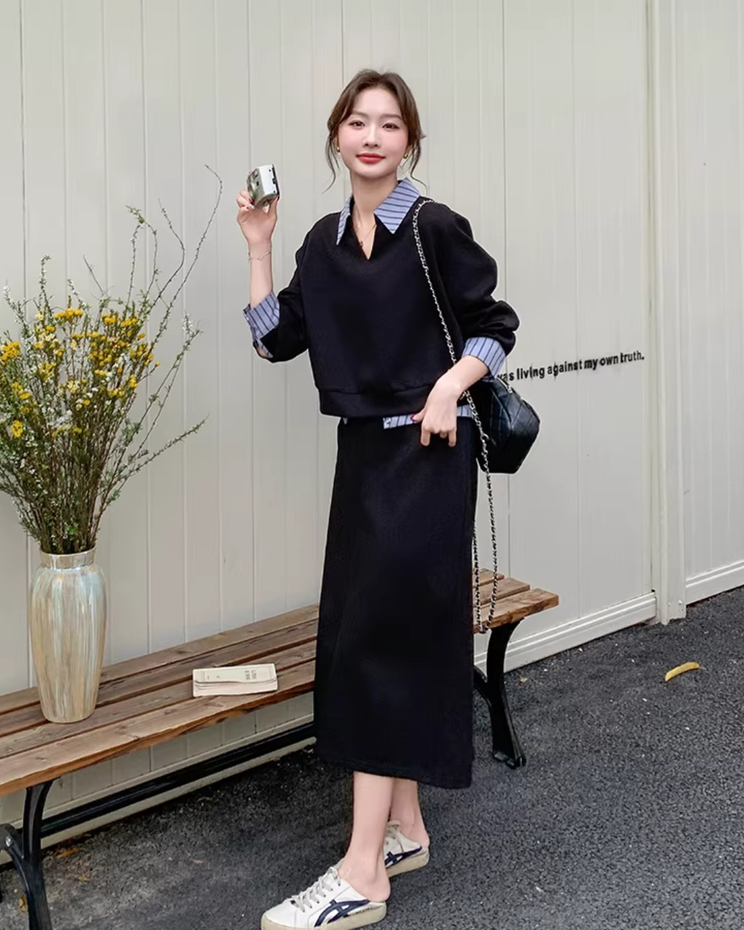 Key Neck Layered Style Top / Midi Skirt QAZ0054
