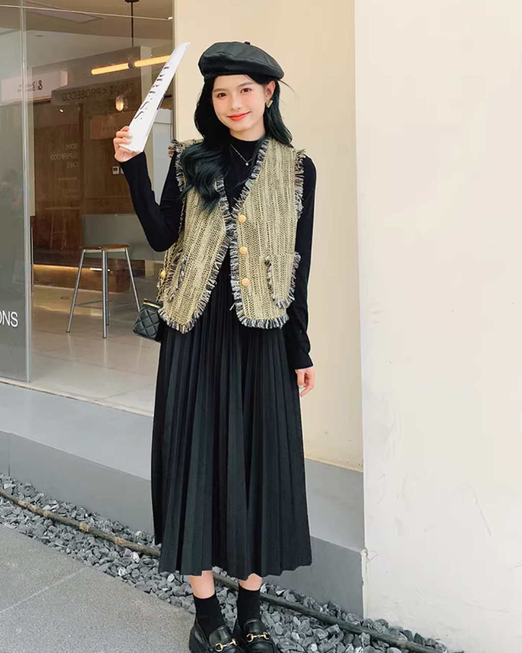 Mock Neck Dress / Tweed Gilet Tweed Vest QAZ0007
