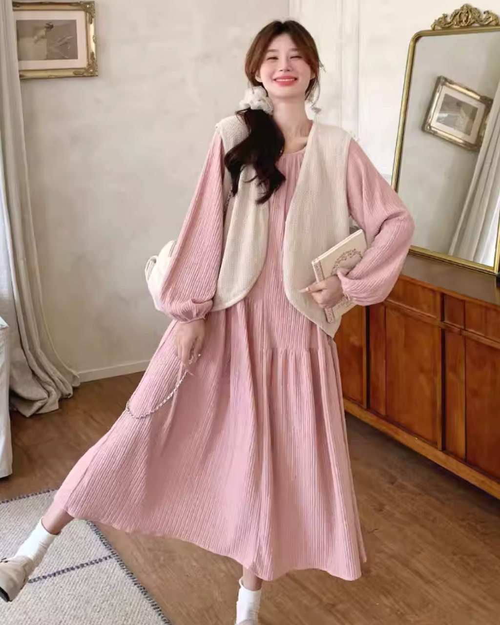 Puff Sleeve Long Dress / Beige Vest QAZ0025