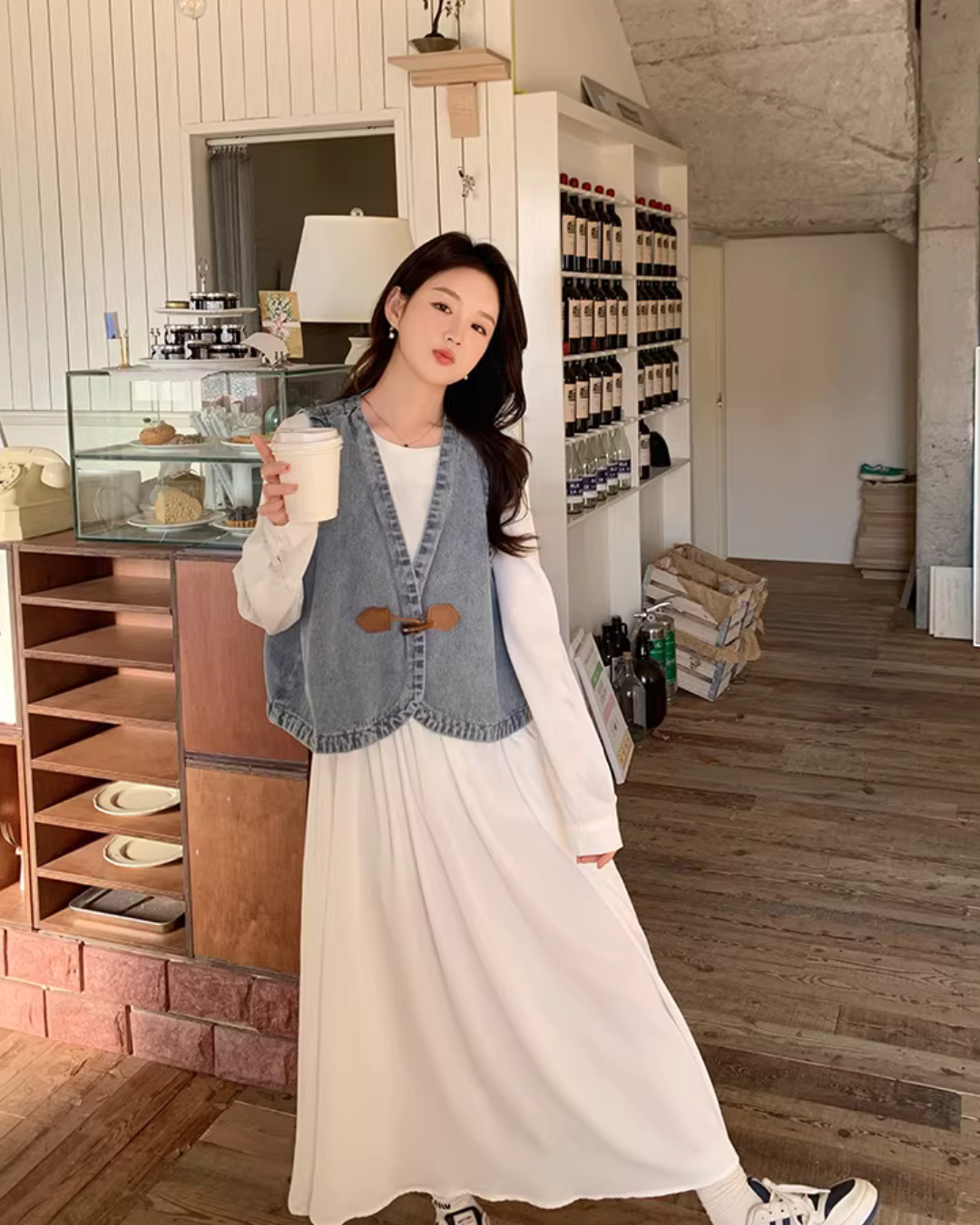 Long-Sleeve Dress / Toggle Button Denim Vest QAZ0049