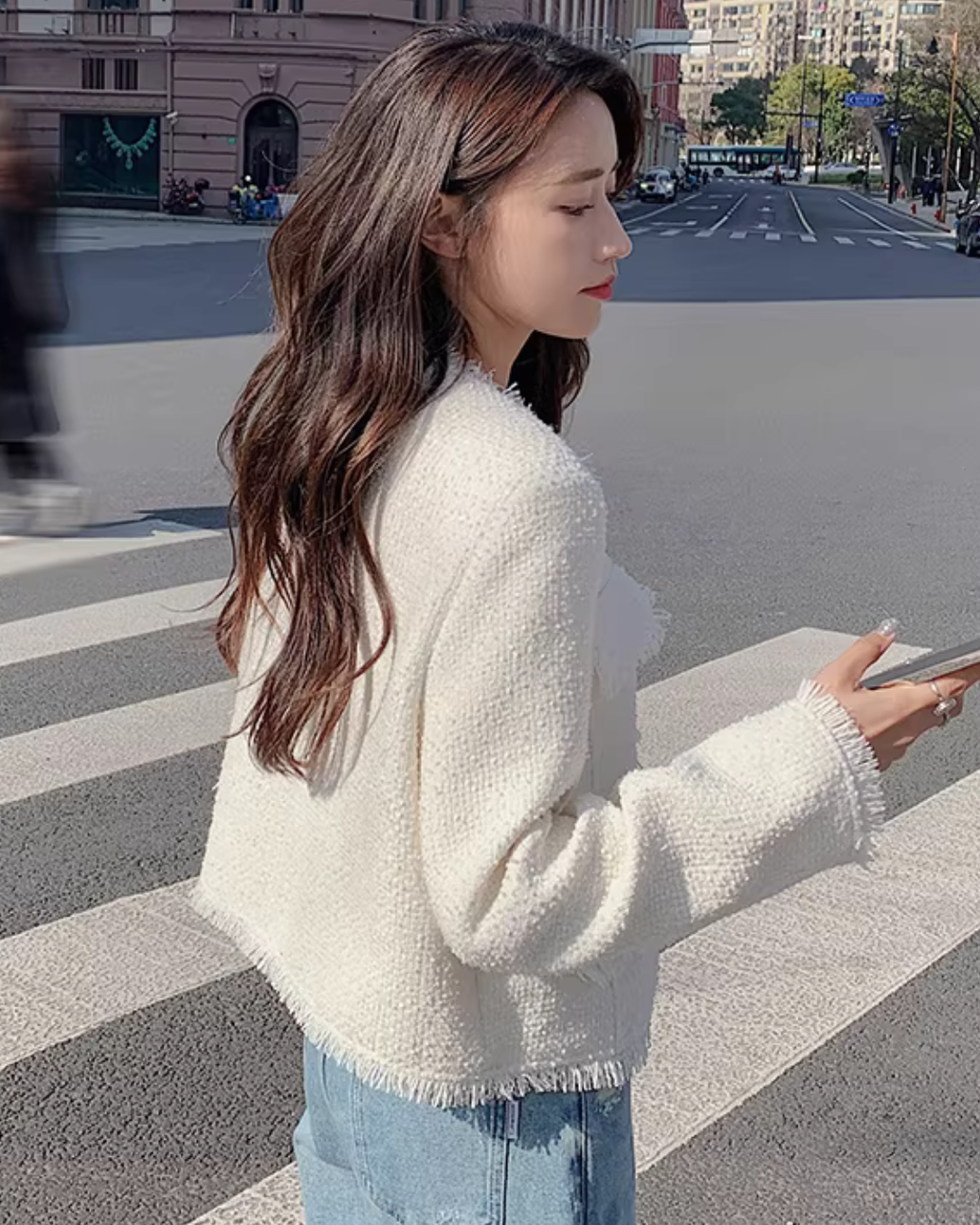 Fringe No-Collar Tweed Jacket QAZ0040
