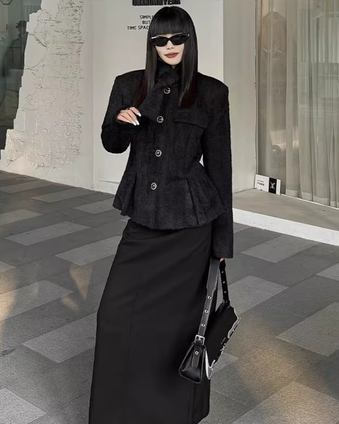 Stand Collar Black Coat UNS0024