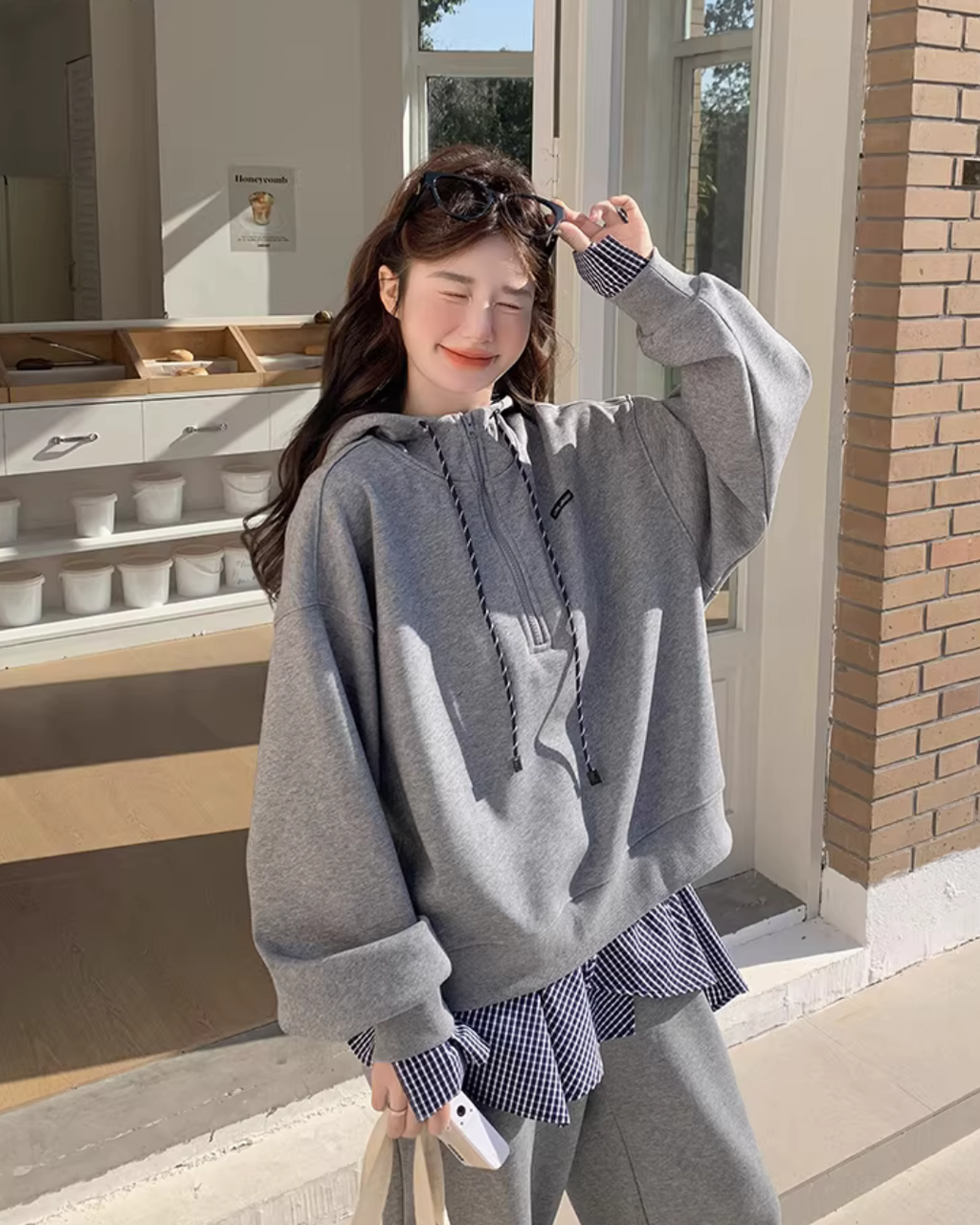Gingham Check Half-Zip Hoodie / Wide Pants QAZ0065