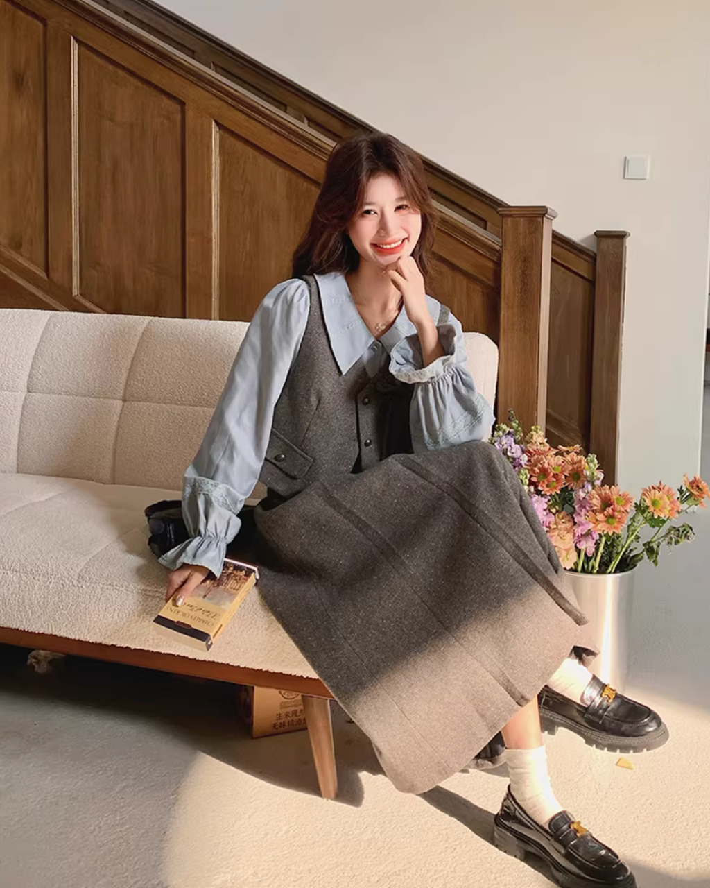 Classic Ribbon Vest / Pleated Skirt / Puff Sleeve Blouse QAZ0051